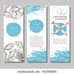 Vector flyer with linear silhouettes of fish and blue splashes in the background. Sketch of bream, carp, trout, salmon, sturgeon, perch in vintage style. Brochures with fishes illustrations for design