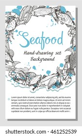 Vector flyer with linear silhouettes of fish, seafood and blue splashes in the background. Sketch of bream, carp, trout, salmon, sturgeon, crab, lobster. Brochures with fishes illustrations for design