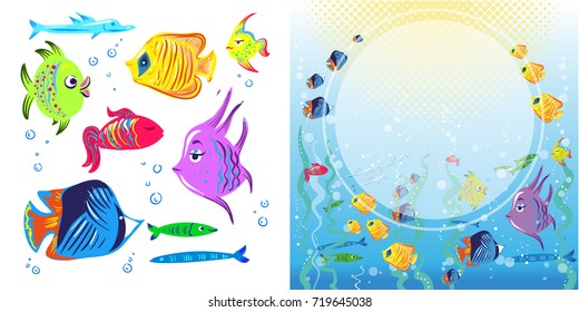 Vector flyer with linear silhouettes of underwater fish. Sketch of bream, carp, trout, salmon, perch in vintage style