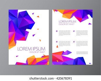 vector flyer, orange and purple brochure abstract design 2 sides, background, cover. Modern crystal, geometric, faceted