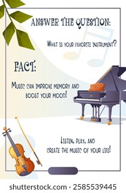 A vector flyer with a piano and violin, emphasizing the benefits of music for memory and mood improvement. Encourages playing and listening to music.  
