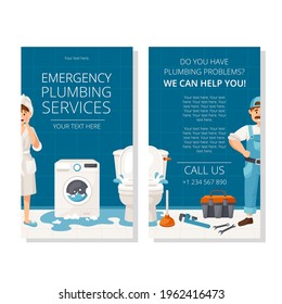 Vector flyer for plumbing services in cartoon style. Template for design brochures, flyers, banners, cards and posters.