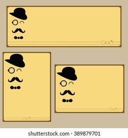 Vector flyer , poster, banner, booklet.Business card in retro style with a man in a hat with a mustache , glasses and a bow tie.
