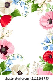 Vector flyer with red, pink, blue, and white poppy, bluebell, lilac, and lily-of-the-valley flowers. Floral background frame. Greeting or invitation card design.