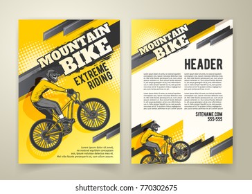 Vector Flyer With Ride On Sports Bicycle On Yellow Background, Ad Banners. Abstract Poster Of BMX Competitions Motocross Template For Promoting Extreme Mountain Biking With Cyclist And Place For Text