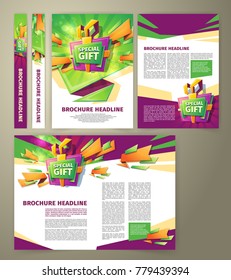 Vector flyer for sales promotion, banner, presentation template, magazine page, in cartoon style with gift box, green and purple elements. Advertising brochure for sales incentive
