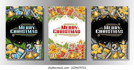 Vector flyer set for Christmas, vertical templates with illustrations of golden bells with bow, branches of christmas tree, decorative stars, gingerbread cookie, burning candle, words merry christmas