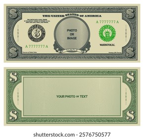 Vector flyer in style of vintage US paper bills. Blank sample of banknotes with inscriptions, your photo or text. Bank seals with Statue of Liberty, guilloche patterns, dollar symbol and empty circle