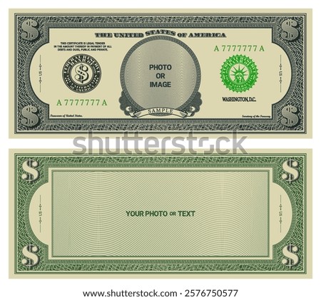 Vector flyer in style of vintage US paper bills. Blank sample of banknotes with inscriptions, your photo or text. Bank seals with Statue of Liberty, guilloche patterns, dollar symbol and empty circle