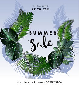 Vector flyer of summer sale. Decorated with trendy exotic plants. Hand drawn art. Good for announce discount at business fashion store.