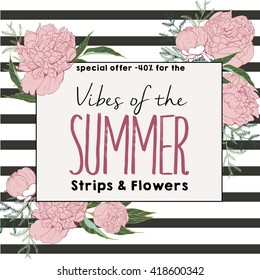 Vector flyer of summer sale. Vibes of the summer strips and flowers. Decorated with square text template. Use for banner, business promotion, commerse, shop, fashion, design store.