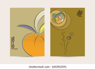 Vector flyer template. Abstract hand dawn fruit poster. Grange textured flat design. Organic natural food artistic illustration. Cartoon calligraphic line logo with smooth curves.