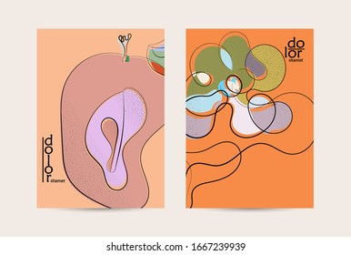 Vector flyer template. Abstract hand dawn fruit poster. Grange textured flat design. Organic natural food artistic illustration. Cartoon calligraphic line logo with smooth curves.