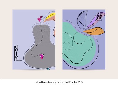Vector flyer template. Abstract hand dawn fruit poster. Grange textured flat design. Organic natural food artistic illustration. Cartoon calligraphic line logo with smooth curves.