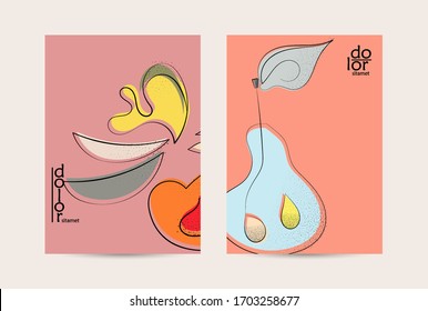 Vector flyer template. Abstract hand dawn fruit poster. Grange textured flat design. Organic natural food artistic illustration. Cartoon calligraphic line logo with smooth curves.
