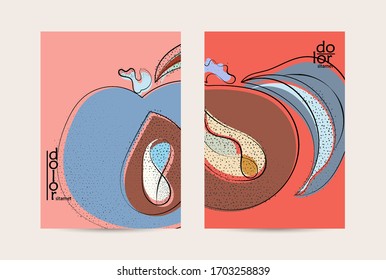 Vector flyer template. Abstract hand dawn fruit poster. Grange textured flat design. Organic natural food artistic illustration. Cartoon calligraphic line logo with smooth curves.