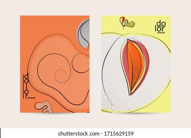 Vector flyer template. Abstract hand dawn fruit poster. Grange textured flat design. Organic natural food artistic illustration. Cartoon calligraphic line logo with smooth curves.
