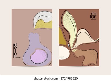 Vector flyer template. Abstract hand dawn fruit poster. Grange textured flat design. Organic natural food artistic illustration. Cartoon calligraphic line logo with smooth curves.