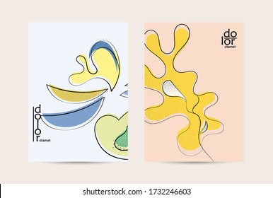 Plantilla de volante de vectores. Afiche abstracto de la fruta del amanecer a mano. Diseño plano con textura de gama alta. Ilustración artística de la comida natural orgánica. Logo de la línea caligráfica de dibujos animados con curvas suaves.