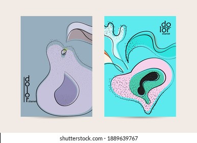 Vector flyer template. Abstract hand dawn fruit poster. Grange textured flat design. Organic natural food artistic illustration. Cartoon calligraphic line logo with smooth curves.