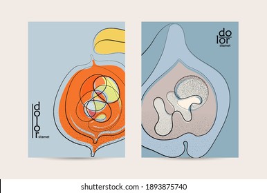 Vector flyer template. Abstract hand dawn fruit poster. Grange textured flat design. Organic natural food artistic illustration. Cartoon calligraphic line logo with smooth curves.