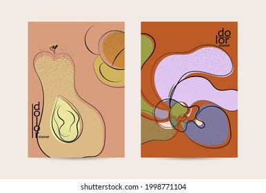 Vector flyer template. Abstract hand dawn fruit poster. Grange textured flat design. Organic natural food artistic illustration. Cartoon calligraphic line logo with smooth curves.