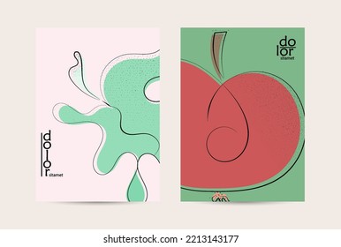 Vector flyer template. Abstract hand dawn fruit poster. Grange textured flat design. Organic natural food artistic illustration. Cartoon calligraphic line logo with smooth curves.