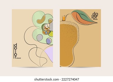 Vector flyer template. Abstract hand dawn fruit poster. Grange textured flat design. Organic natural food artistic illustration. Cartoon calligraphic line logo with smooth curves.