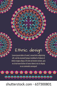 Vector flyer template for business and invitation with mandala patterns. Striped geometric ornaments. Native american indian motifs. Boho style. A4 format with place for text