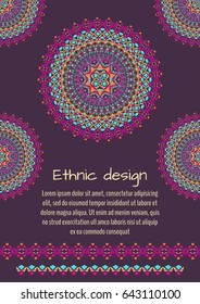Vector flyer template for business and invitation with mandala patterns. Striped geometric ornaments. Native american indian motifs. Boho style. A4 format with place for text