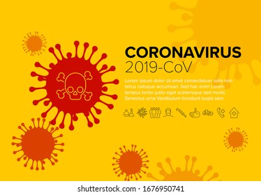 Vector flyer template with coronavirus illustration, icons and place for your information - yellow and red