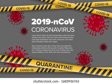 Plantilla de volante de vectores con ilustración de coronavirus e información de cuarentena