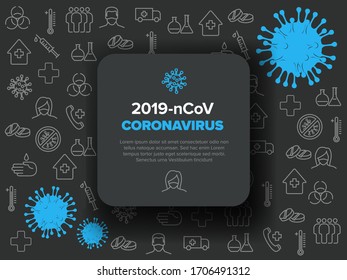 Plantilla de volante de vectores con ilustración de coronavirus, iconos y lugar para su información - negro y azul    versión