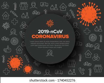 Plantilla de volante de vectores con ilustración de coronavirus, iconos y lugar para su información - negro y rojo   versión