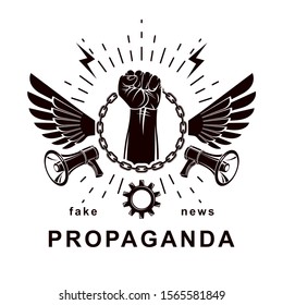 Vector flyer template created using clenched fists raised up, loudhailer equipment and iron chain element. Freedom for the personality, misleading and brainwashing propaganda information.