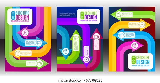 Vector flyer template design with colorful arrows and icons. Leaflet cover presentation abstract flat background. Brochure cover design with arrows. Eps 10