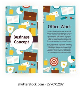 Vector Flyer Template of Flat Design Business Concept and Office Work Objects and Elements. Illustration of Brand Identity for Business Workplace and Office Life. Colorful Pattern for Advertising