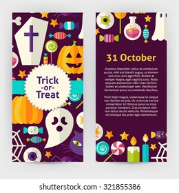 Vector Flyer Template of Flat Design Halloween Trick Treat Objects and Elements. Flat Style Design Vector Illustration of Brand Identity for Halloween Party Promotion. Colorful Pattern for Advertising