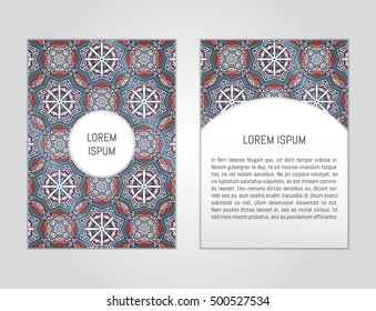 Vector flyer template with hand drawn mandala pattern. Abstract design for card, brochure, company branding. Front page and back page, can be edited