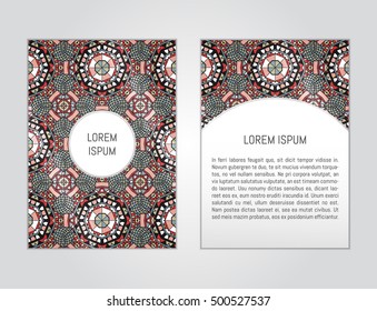 Vector flyer template with hand drawn mandala pattern. Abstract design for card, brochure, company branding. Front page and back page, can be edited