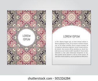 Vector flyer template with hand drawn mandala pattern. Abstract design for card, brochure, company branding. Front page and back page, can be edited