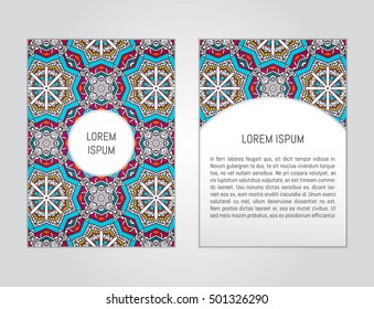 Vector flyer template with hand drawn mandala pattern. Abstract design for card, brochure, company branding. Front page and back page, can be edited