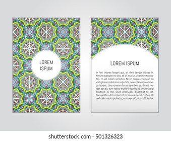 Vector flyer template with hand drawn mandala pattern. Abstract design for card, brochure, company branding. Front page and back page, can be edited