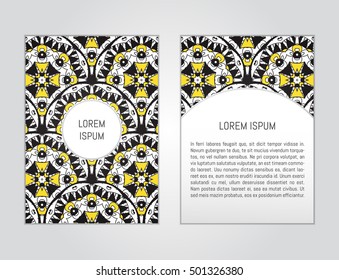 Vector flyer template with hand drawn mandala pattern. Abstract design for card, brochure, company branding. Front page and back page, can be edited