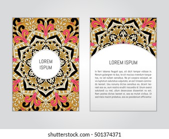Vector flyer template with hand drawn mandala. Abstract design for card, brochure, company branding. Front page and back page, can be edited