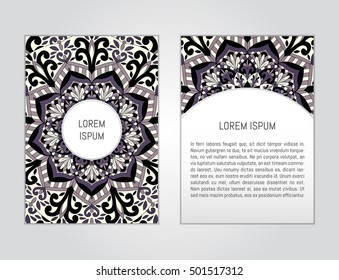 Vector flyer template with hand drawn mandala. Abstract design for card, brochure, company branding. Front page and back page, can be edited