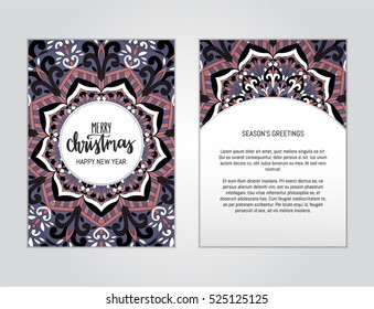Vector flyer template with hand drawn mandala. Abstract design for card, brochure, company branding. Front page and back page, can be edited. Merry Christmas greeting card in vintage colors