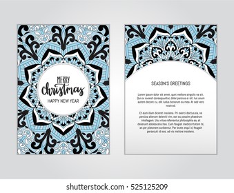 Vector flyer template with hand drawn mandala. Abstract design for card, brochure, company branding. Front page and back page, can be edited. Merry Christmas greeting card in vintage colors