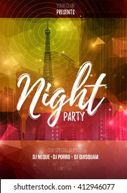 Vector flyer template for night party. Abstract background with bokeh defocused lights and cityscape.