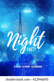 Vector flyer template for night party. Abstract background with bokeh defocused lights and cityscape.
